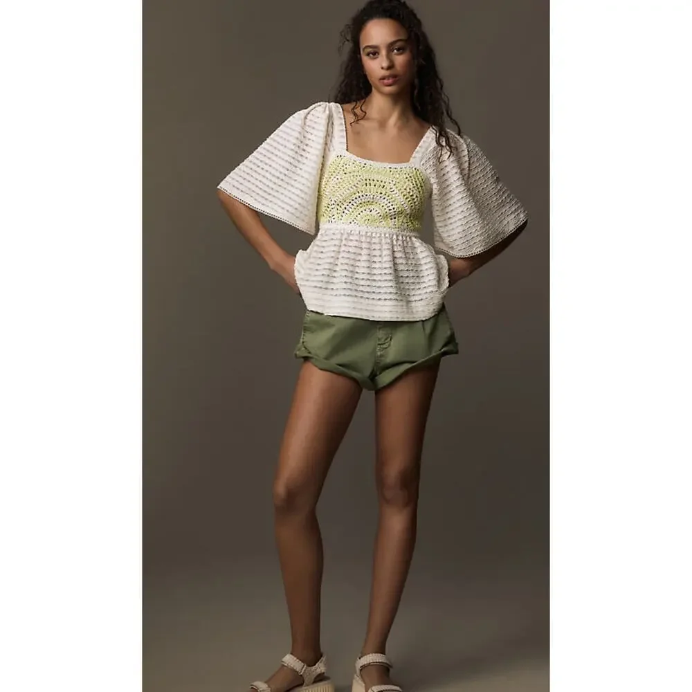 NWT $78 Anthropologie Sarah Hann Cream Flutter-Sleeve Crochet Top